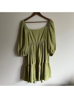 SHEIN Olive Green Textured Puff Sleeve Dress Size S